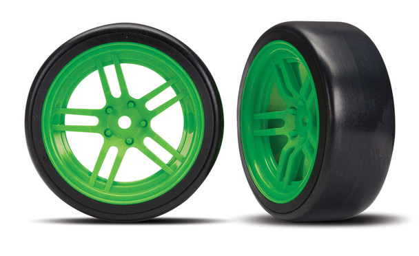 Traxxas 8376G Tires and wheels assembled glued split-spoke green wheels 1.9" Drift tires front