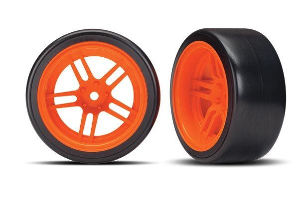 Traxxas 8377A Tires and wheels assembled glued split-spoke orange wheels 1.9" Drift tires rear