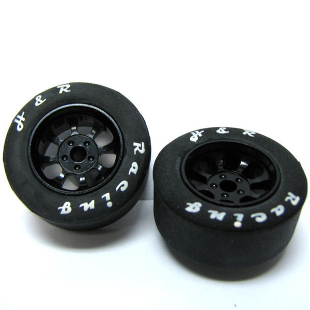 H&R Racing HR1109 Nascar Front Black Narrow Wheel w/ Rubber Tire 1/8 Axle (2) 1:24 Slot Car