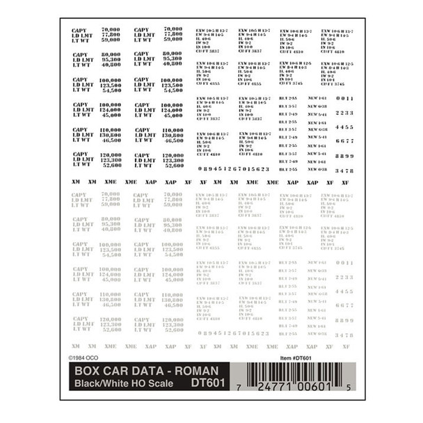Woodland Scenics DT601 - Dry Transfer Decals - Box Car Data Roman Black/White HO Scale
