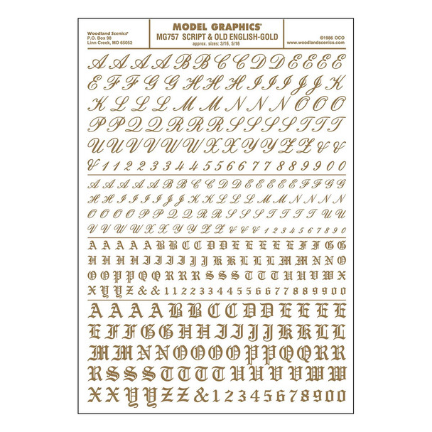 Woodland Scenics MG757 Dry Transfer Decals Script & Old English Gold All Scales