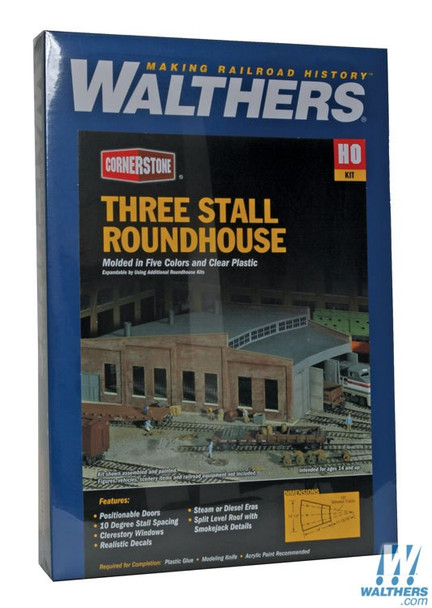 Walthers 933-3041 Three-Stall Roundhouse Kit 14 x 14-1/4 x 4-11/16" : HO Scale