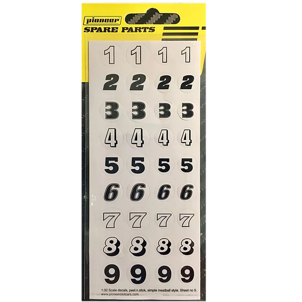 Pioneer DS202715 Racing Numbers (1-9) Sticker Sheet #5 1/32 Slot Car