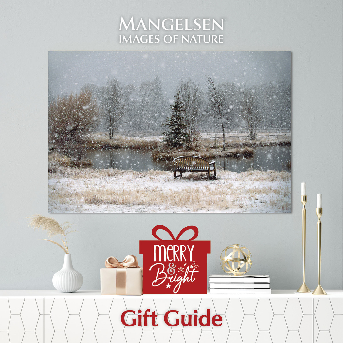 “Time for Reflection” snowy landscape fine art print by Thomas D. Mangelsen featuring a wooden bench by a winter pond—from the 2025 Mangelsen Holiday Art Gift Guide, perfect for nature photography gifts.