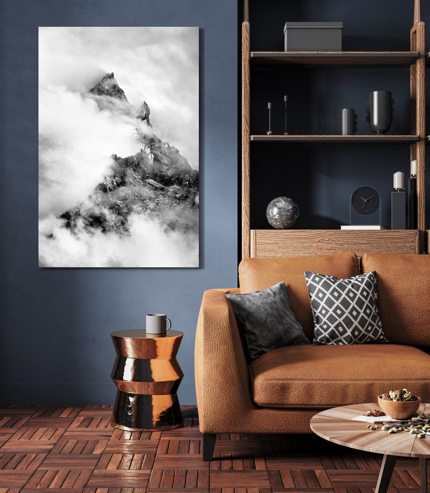 Black and white fine art print of Teewinot Peak displayed in a modern living room