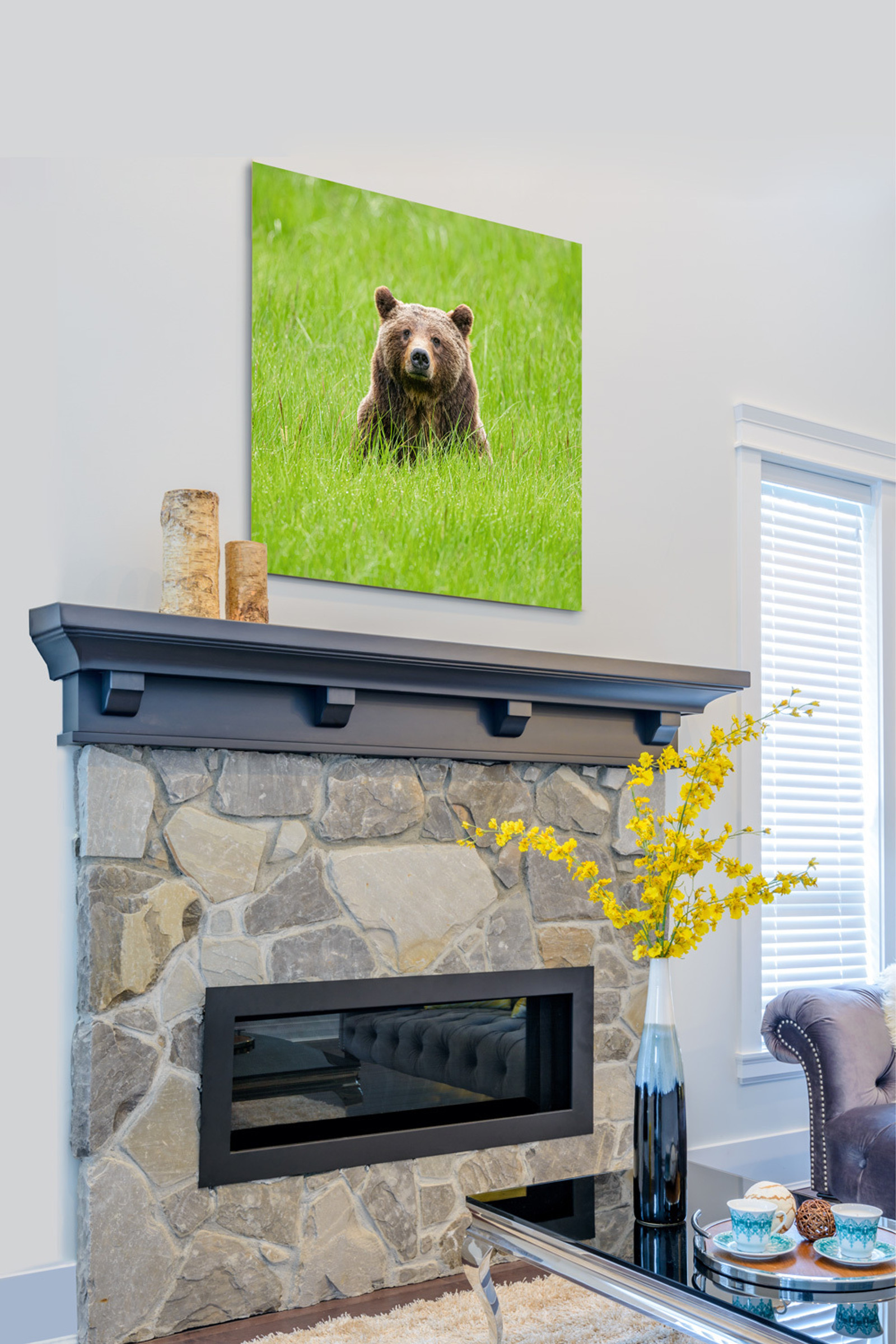 Tom Mangelsen’s High Definition Metal Print of “One Special Bear” mounted above a fireplace, showcasing Grizzly 399 seated calmly in vivid green grass under morning light—an elegant and soulful wall art centerpiece that brings the essence of the wild into the heart of the living room.