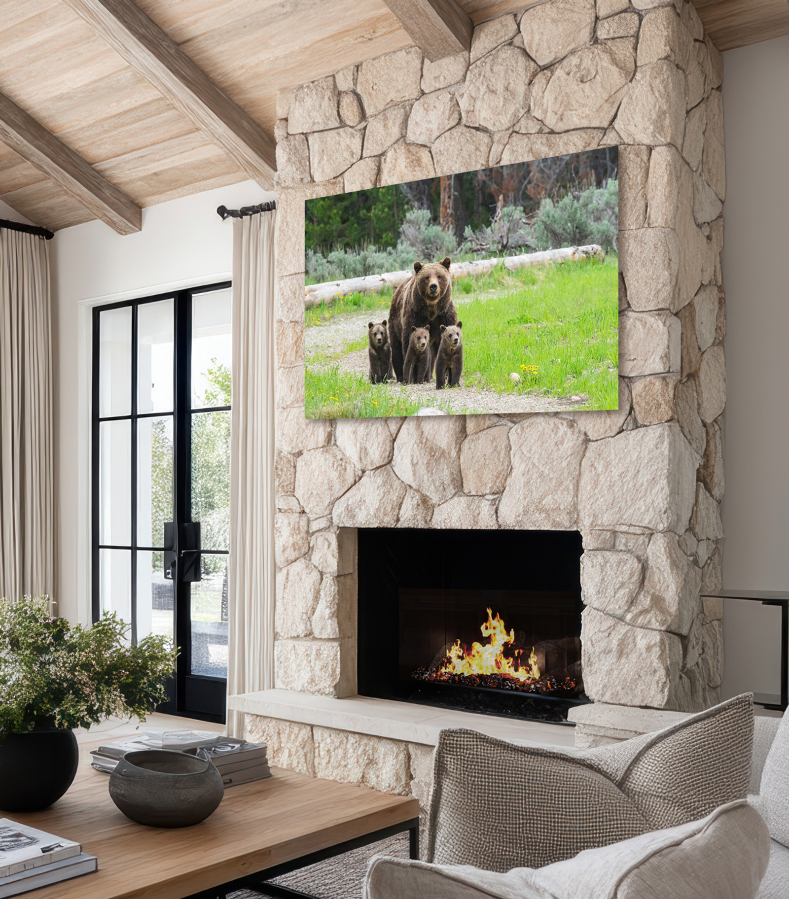 399 and Quadruplets wall art over a living room fireplace