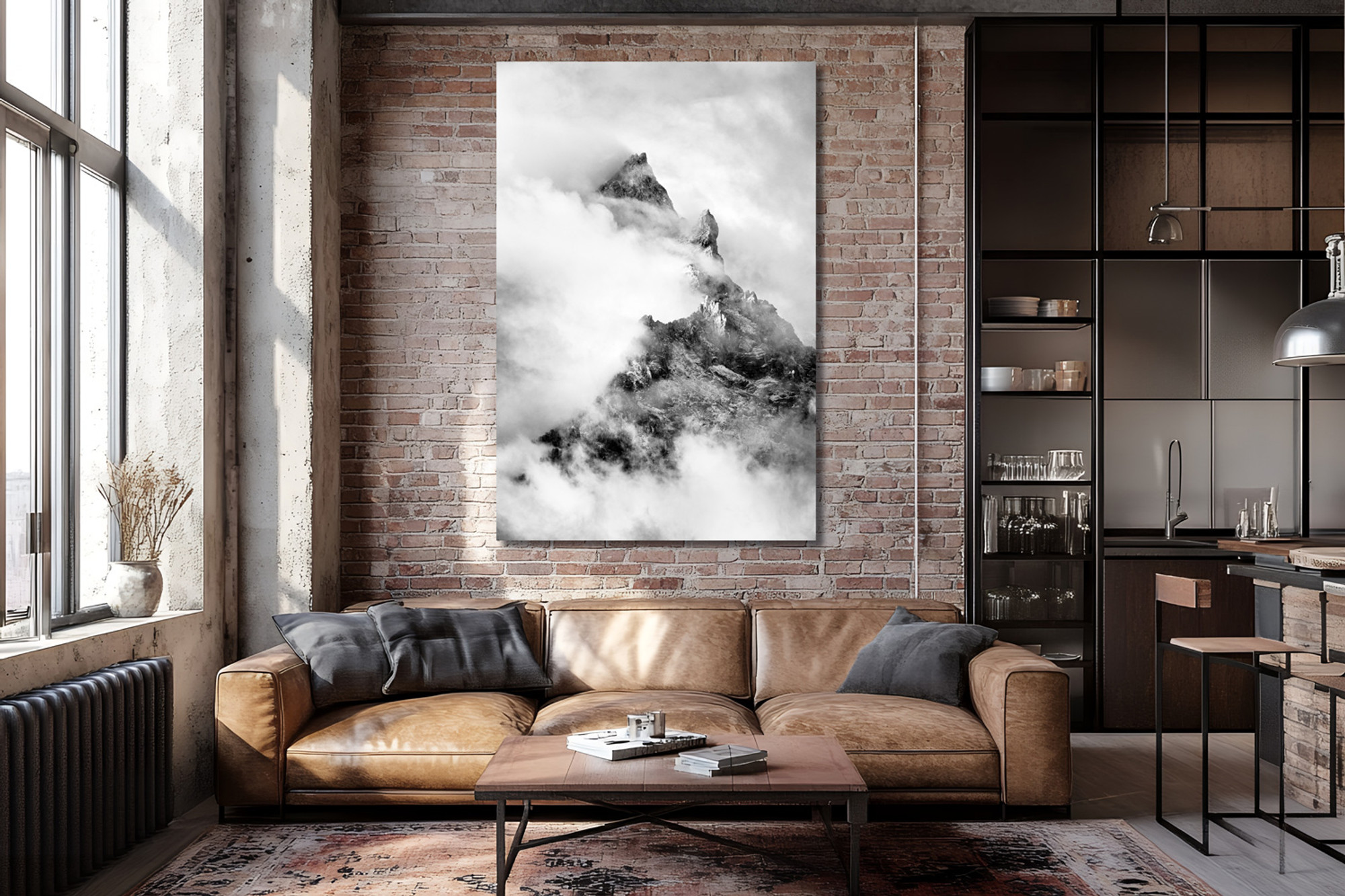Living room wall art featuring Teewinot Peak under dramatic skies