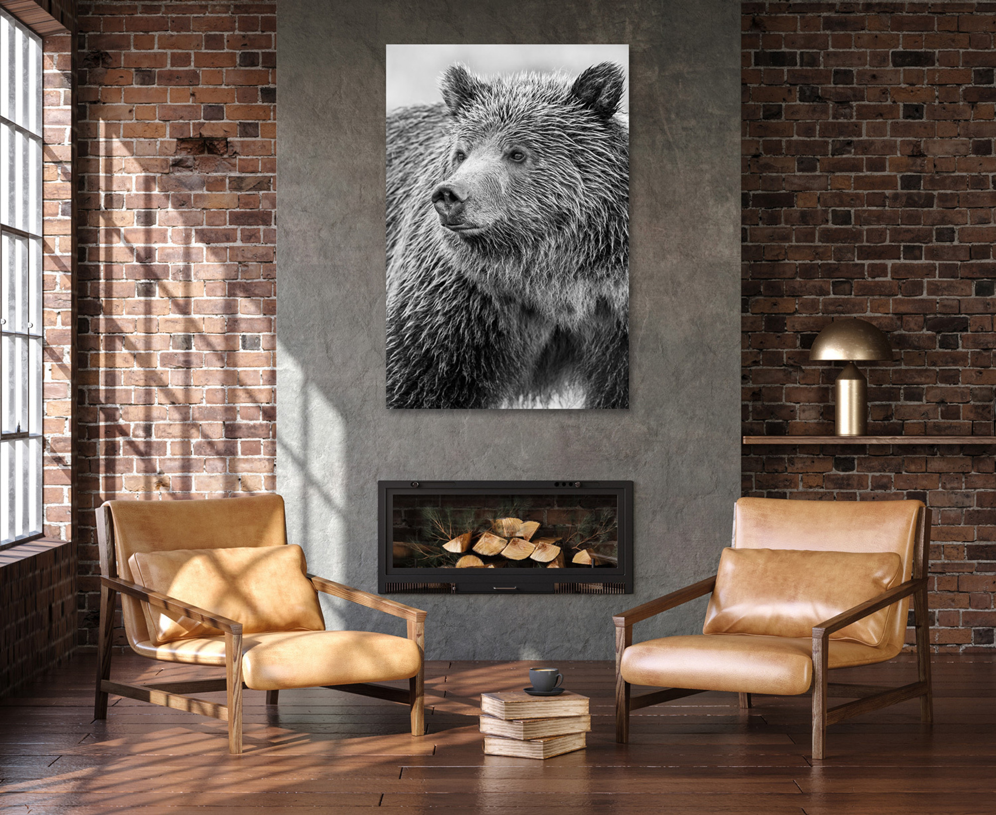 Black and white wildlife photography of grizzly bear “Blondie” by Thomas Mangelsen, displayed above a fireplace in a modern loft.