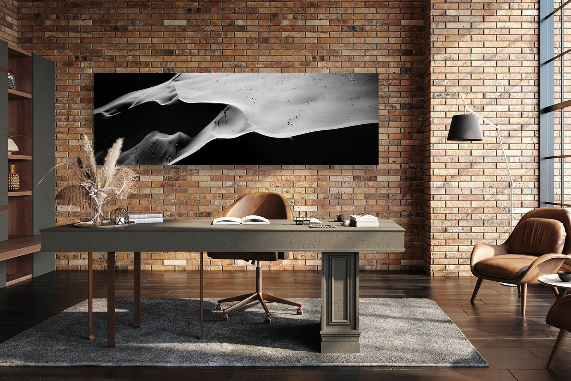 Museum Mounted panoramic photo of Namibia’s Skeleton Coast sand dunes by Thomas Mangelsen, art used as conservation photography above a desk in a modern office.