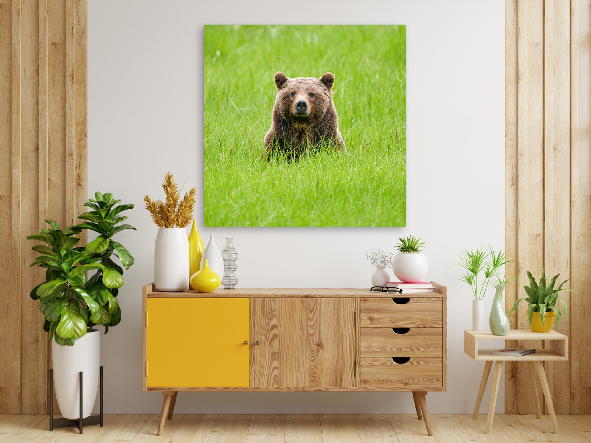 Museum Mounted Print of “One Special Bear” displayed elegantly above a wooden credenza, showing Grizzly 399 seated in a sunlit, green meadow with a soft, introspective gaze—capturing the intimate essence of wildlife photography and bringing a sense of connection and calm to the room.