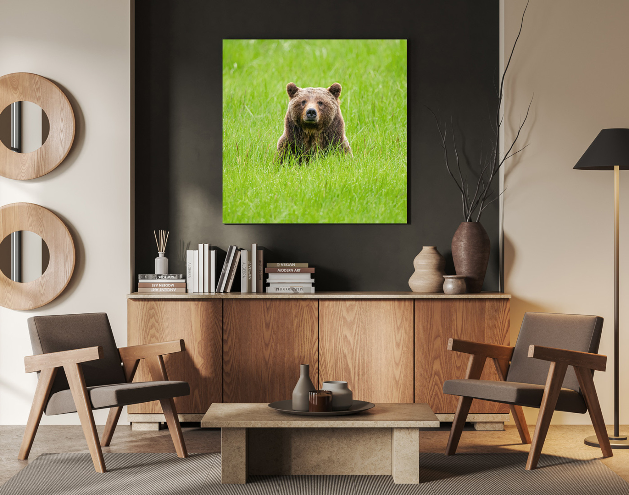 Thomas D. Mangelsen’s High-Definition metal print of “One Special Bear” featuring Grizzly 399 sitting serenely in a lush green meadow under soft morning light, mounted on a spacious wall of a sleek, modern commercial office; the vivid sheen of the metal and the bear’s gentle gaze create an inspiring focal point that brings the spirit of the Tetons into the workplace.