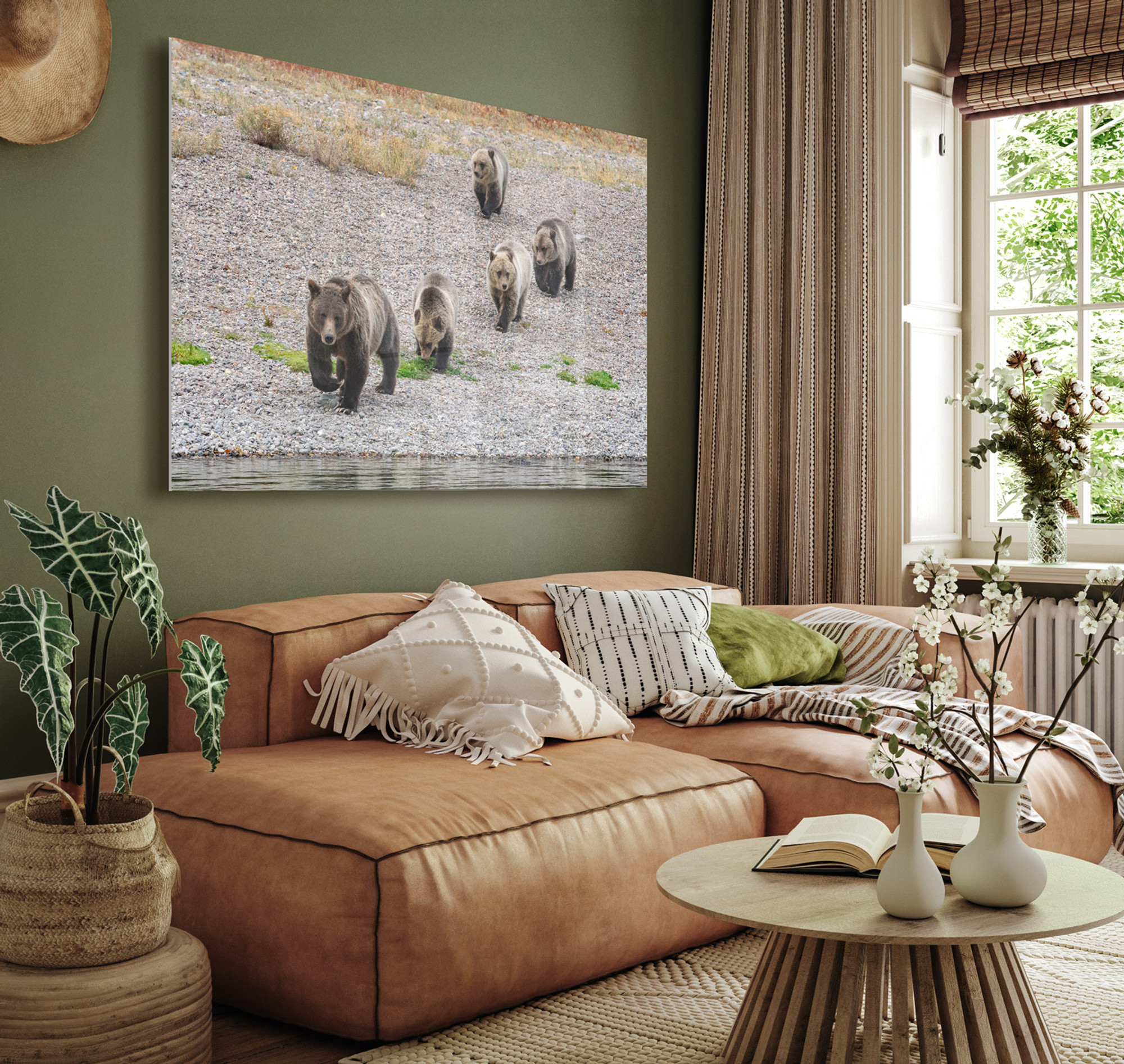 399 and four cubs metal wall art print hung over a sofa in a casual-styled living room.