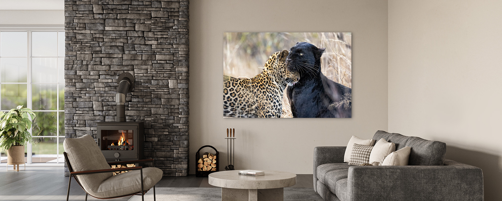 A rare reunion between one of Africa’s elusive black leopards and her cub. Discover “Mother’s Love - Black Panther” Large wall art in a warm living space.