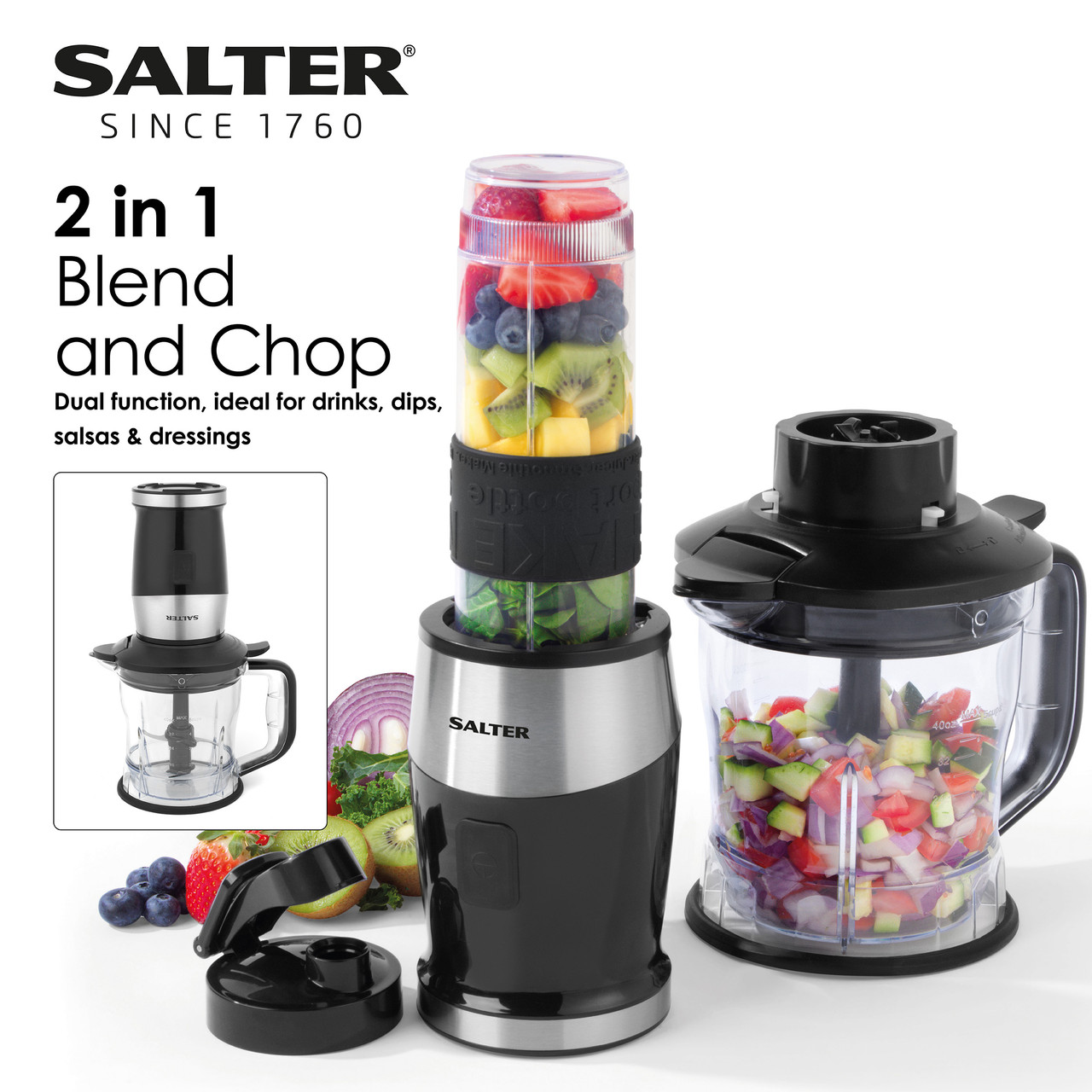 2-in-1 Jug Blender & Food Processor, 1.2 L Chopping 570 ml Sports Bottle - Salter