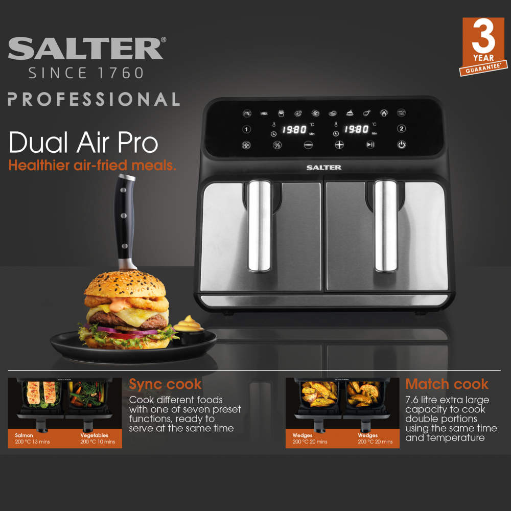 Dual Digital Air Fryer, 7.6 Litre, 2 Drawers, 1700 W Salter
