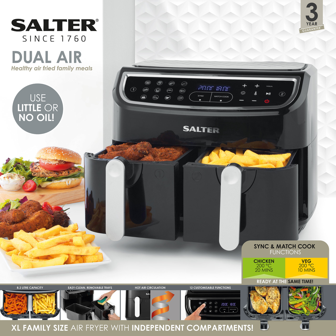 Dual Air Fryer With 12 Cooking Functions, 8.2 Litre