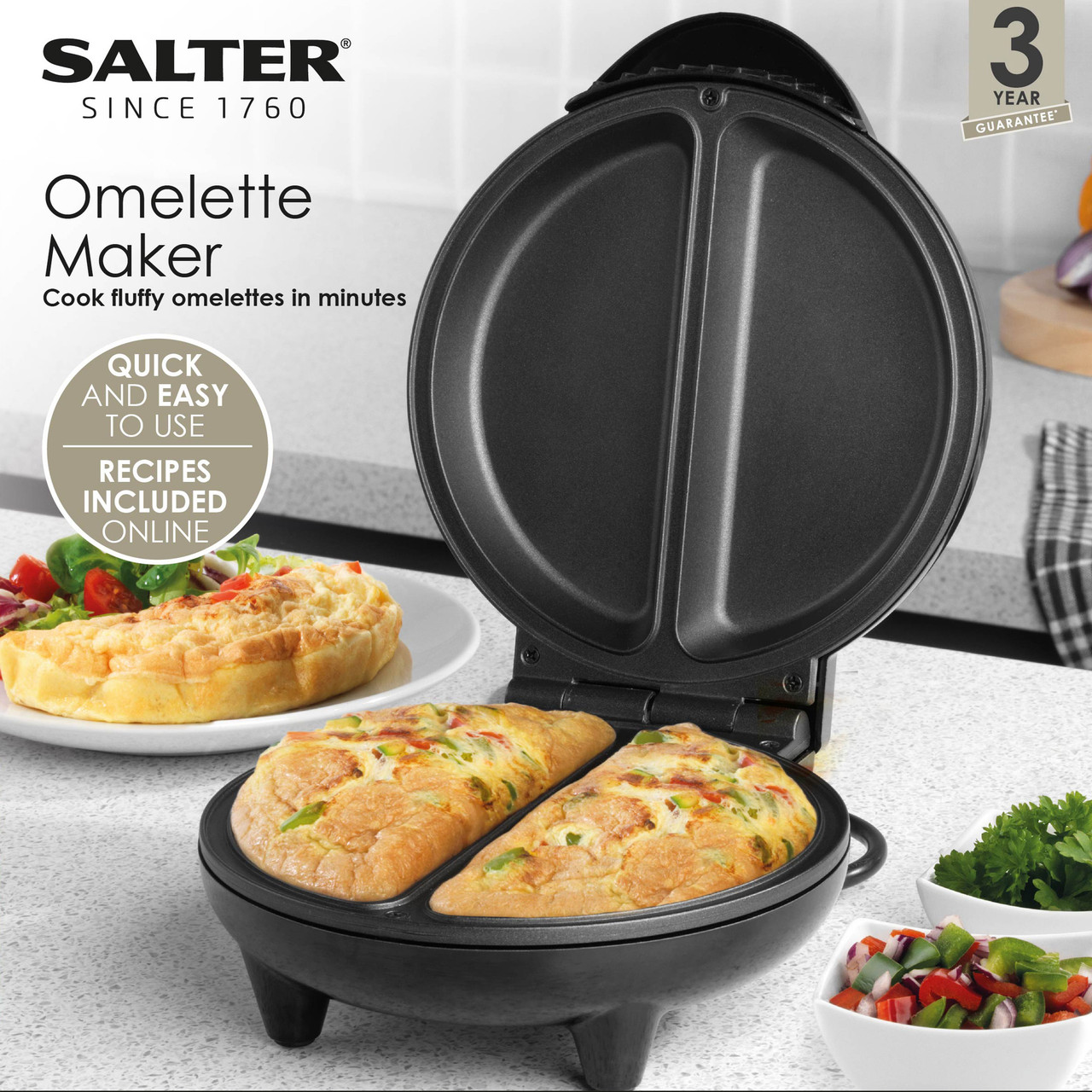 NON STICK 750W ELECTRIC KITCHEN EGG OMELETTE MAKER COOKER BLACK WITH SILVER  TOP