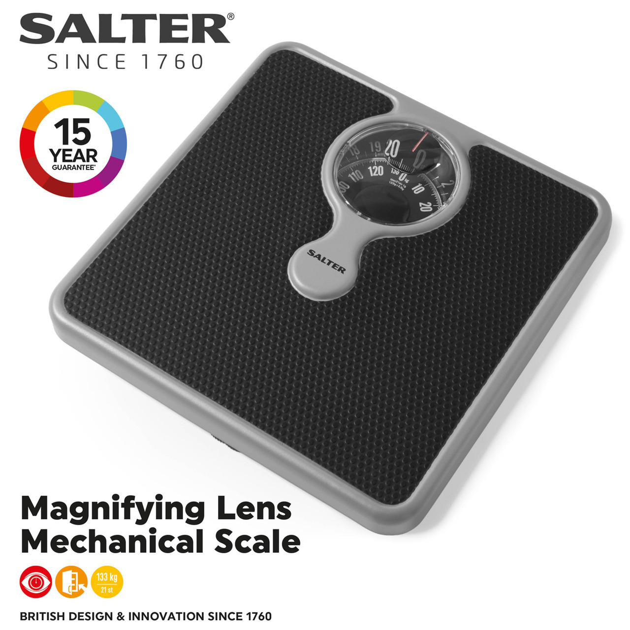 Salter 484 WHDR Magnified Mechanical Scales, 133 KG Maximum Capacity,  Compact Design, Magnifying Lens, Bathroom, Easy to Read Dial, Cushioned, No