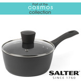 Grey saucepan with glass lid from Salter Cosmos collection, shown at angle.