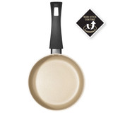 Ceramic non-stick frying pan with black handle, viewed from above.