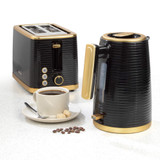 Black and gold kettle and 2-slice toaster set on kitchen counter