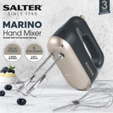 Salter Marino hand mixer in black and gold with whisk and beaters, countertop setting