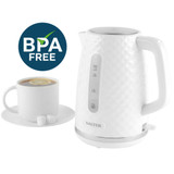 White textured electric kettle by Salter with BPA Free badge, next to a cup of tea.