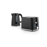 Black electric kettle and two-slice toaster set with chrome trim, side view