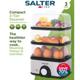 Salter compact 3-tier food steamer with eggs, salmon and vegetables shown in each layer