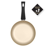 Cream non-stick frying pan with black handle, shown from above, product image