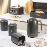 Matte black Salter kettle, toaster, and storage set on kitchen counter