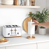 White and natural wood kitchen roll holder, shown upright on plain background