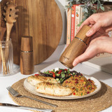 Salt or pepper grinder in hand seasoning chicken breast and couscous salad, modern kitchen setting