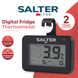 Digital fridge thermometer with large LCD display, shows temperature in °C, black