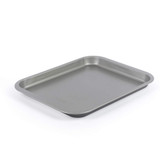 Grey non-stick rectangular baking tray, angled view