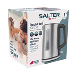 Salter Rapid Boil Kettle box showing stainless steel kettle and product features