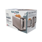 Salter 2-slice stainless steel toaster packaging with product image and guarantee