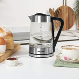 1.7L glass electric kettle with black handle on kitchen counter