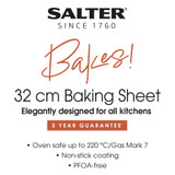 Promotional graphic for Salter 32 cm baking sheet, non-stick, oven safe to 220°C, with 5-year guarantee
