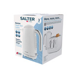 Packaging for white Salter rapid boil kettle, modern design, 1.7L capacity, 3 year guarantee