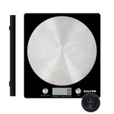 Digital kitchen scale with stainless steel platform, black body, Salter branding, and battery shown.