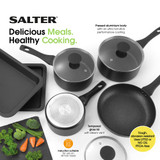 Salter non-stick cookware set with glass lids, frying pan and roasting tray, suitable for induction hobs.