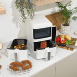 White dual basket air fryer, front view, Salter branding on right panel