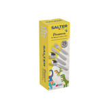 Children’s dinosaur theme 12-piece cutlery set in yellow Salter box, showing fork, knife and spoons
