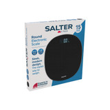 Salter round black electronic scale in retail packaging, showing LCD display.