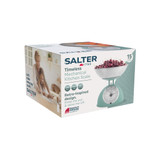 Salter mechanical kitchen scale packaging with retro-inspired mint green scale and bowl of cherries.