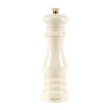 Cream ceramic pepper mill with gold top, shown upright on white background