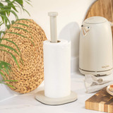 Stone-coloured paper towel holder on a kitchen counter, shown with matching kettle.