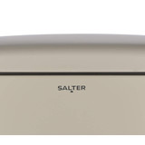Cream Salter bread bin with black trim, close-up of logo on lid